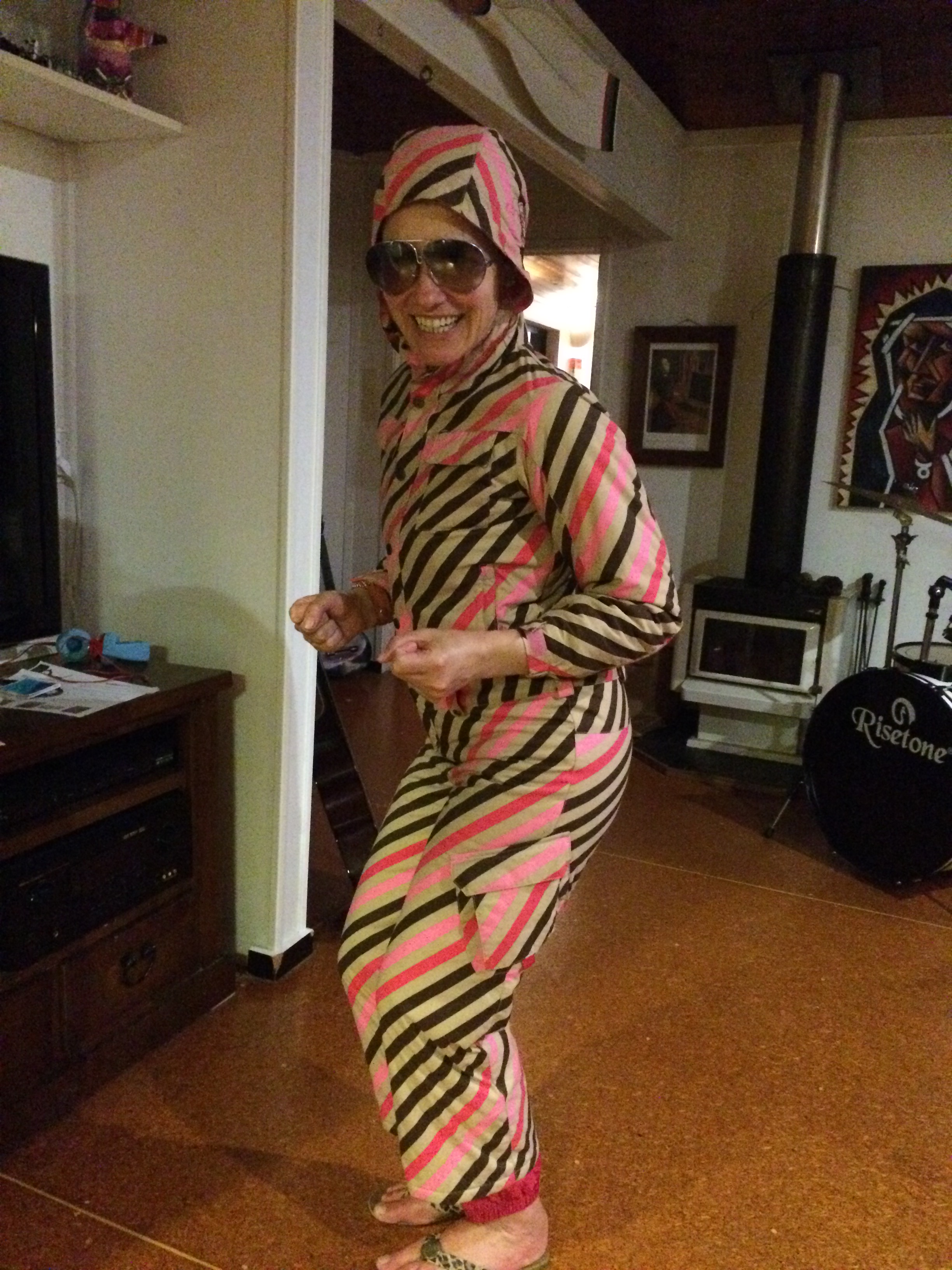 Skking Angela Barnett ski outfit pink stripes